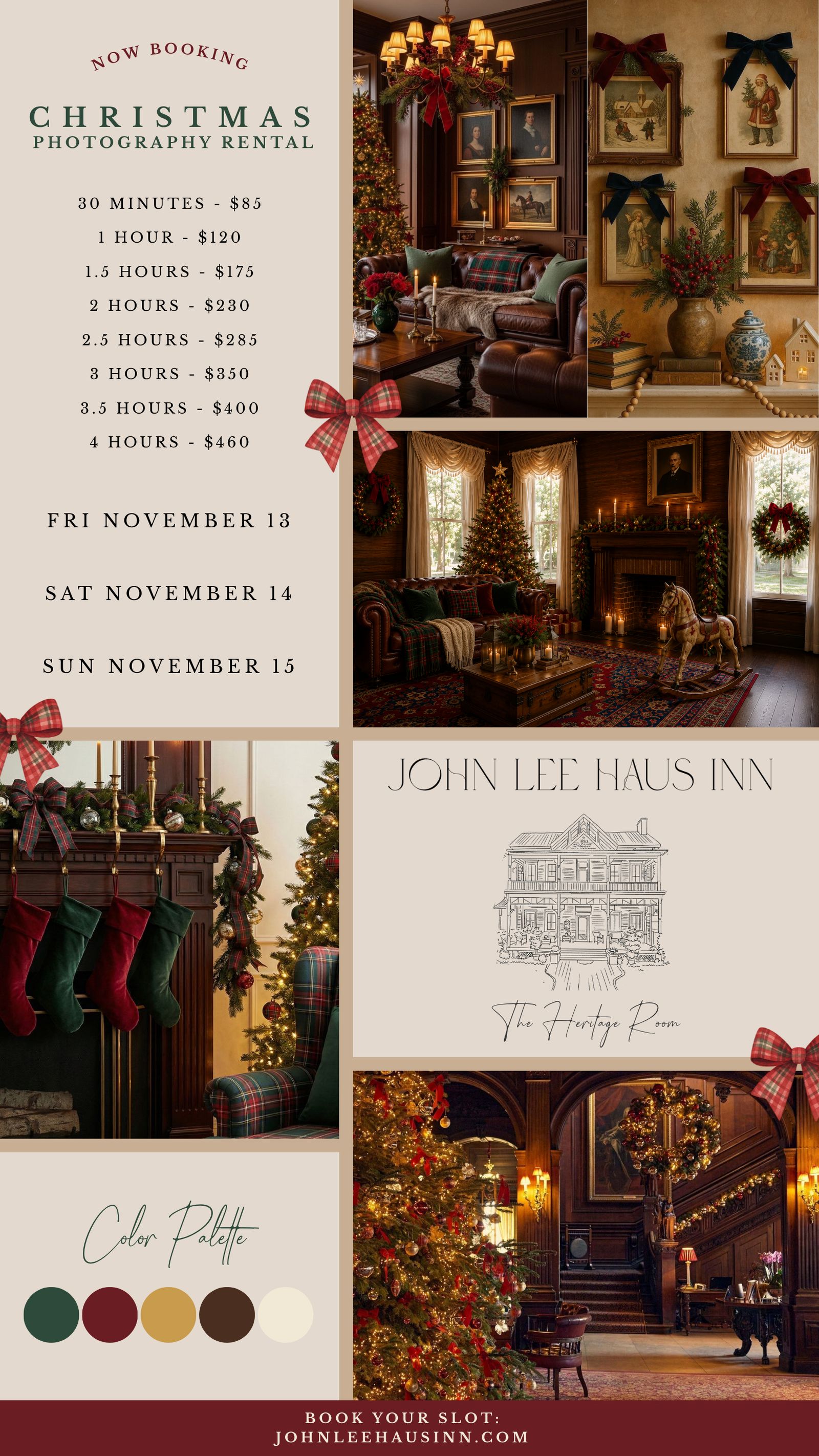 Christmas photography rental at the John Lee Haus Inn - sessions from 30 minutes to 4 hours, 13 to 15 November